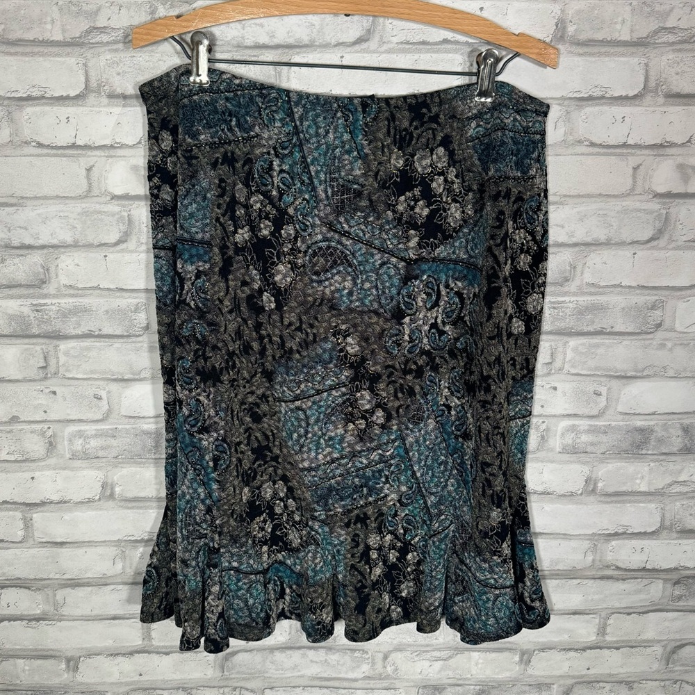 West End Petite Boho Blue Paisly Ruffle Lace Skirt